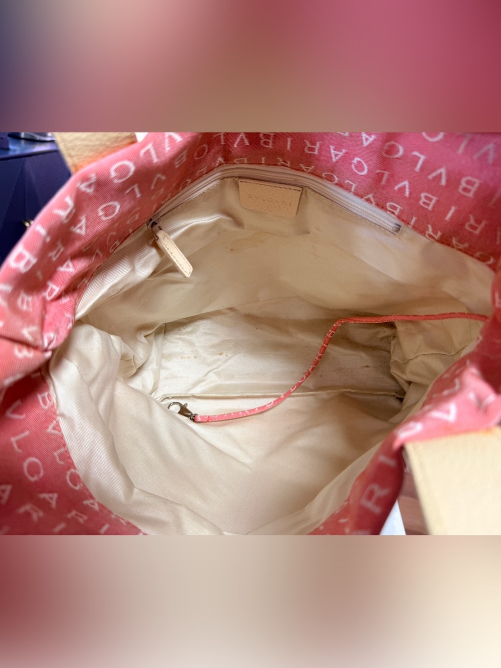 BVLGARI Bulgari Logomania Pink Canvas Tote with Cream Straps - Picture 13 of 15